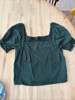 Madewell Dark Green Square Neck Puff Sleeve Top
